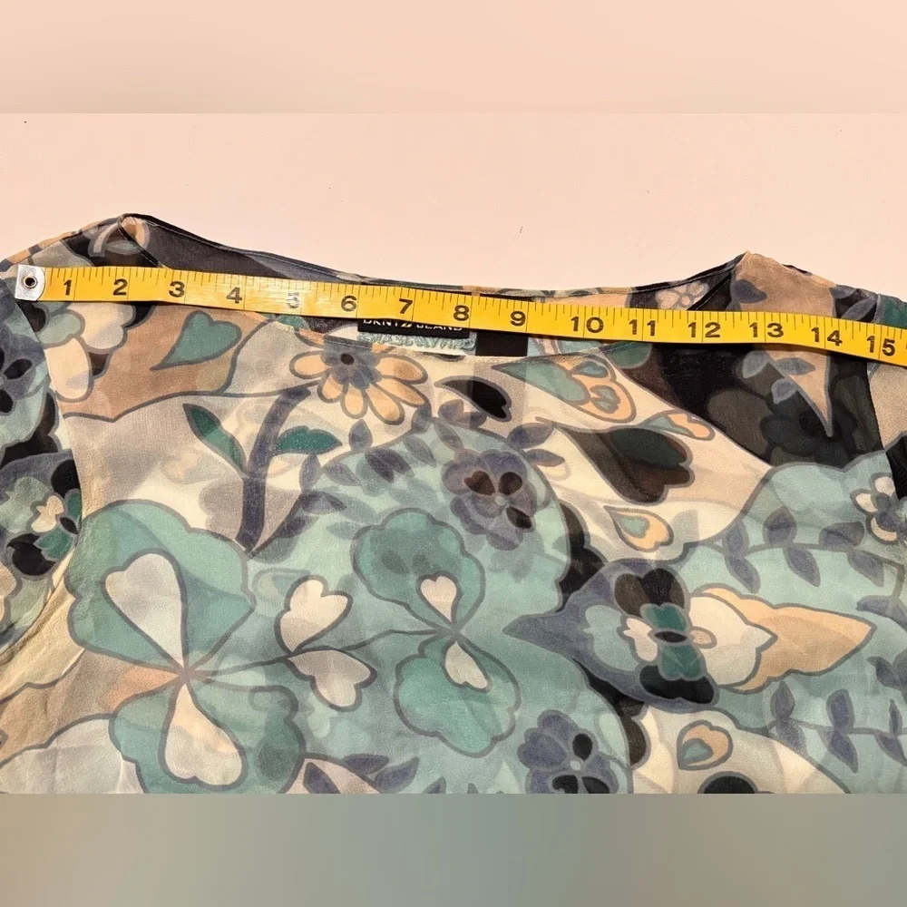 Vintage 90s Y2K DKNY Jeans Silk Mod Flower Cutout Sleeve Stretch Waist top 8